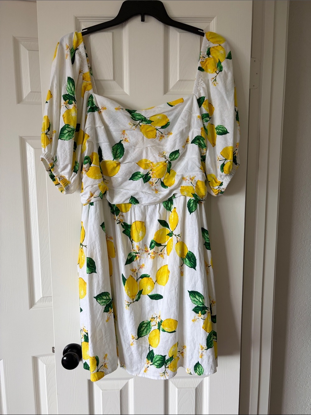 New York & Company Lemon Print Puff Sleeve Dress With Pockets.